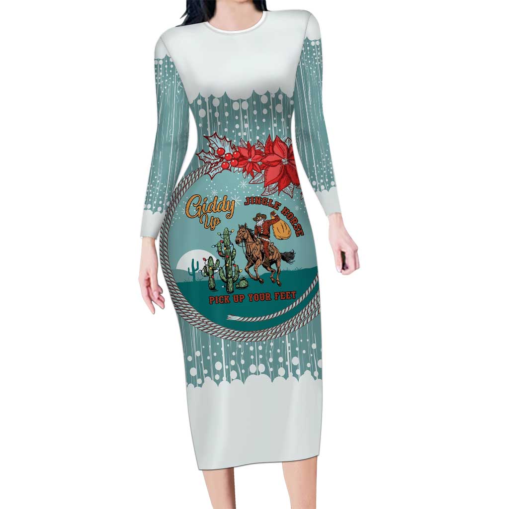 Cowboy Christmas Long Sleeve Bodycon Dress Giddy Up Jingle Horse Green Version - Wonder Print Shop