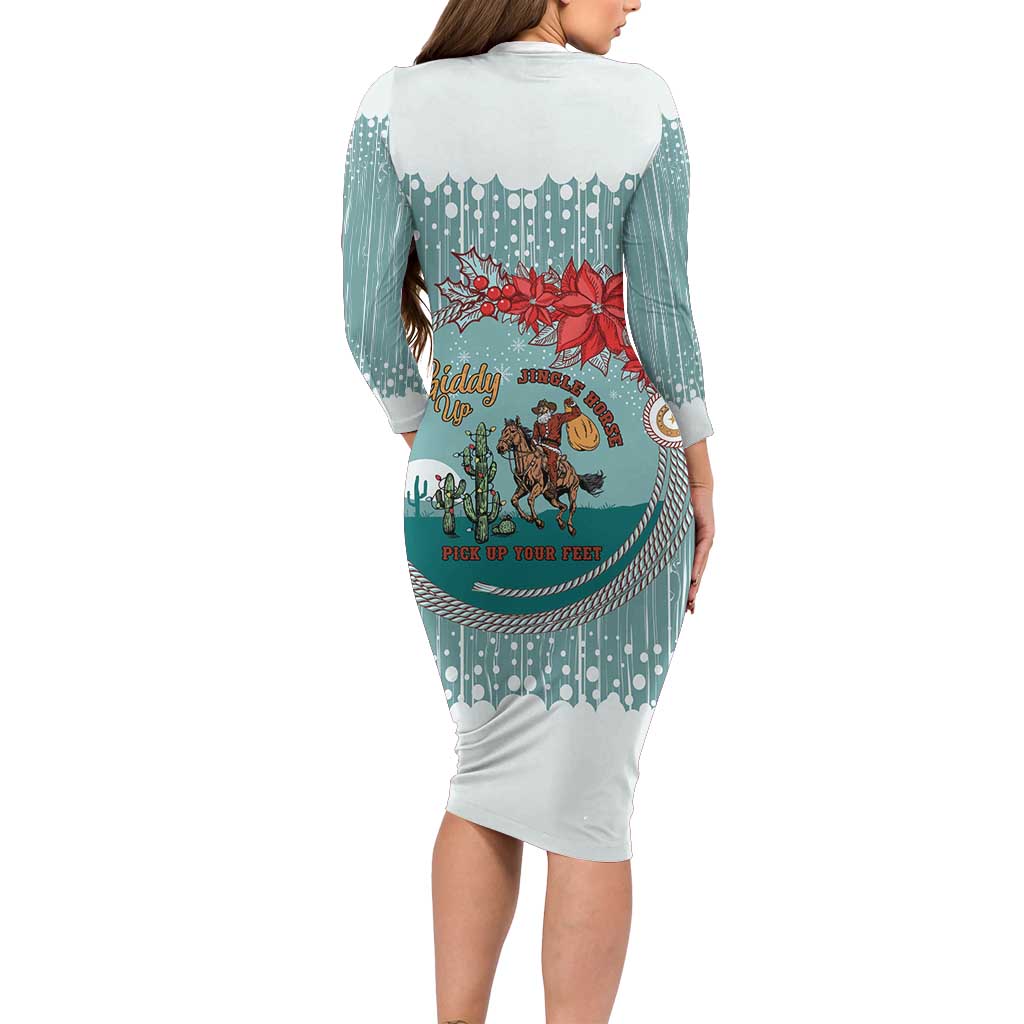 Cowboy Christmas Long Sleeve Bodycon Dress Giddy Up Jingle Horse Green Version - Wonder Print Shop