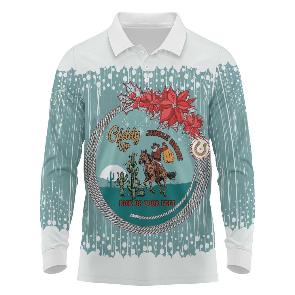 Cowboy Christmas Long Sleeve Polo Shirt Giddy Up Jingle Horse Green Version - Wonder Print Shop