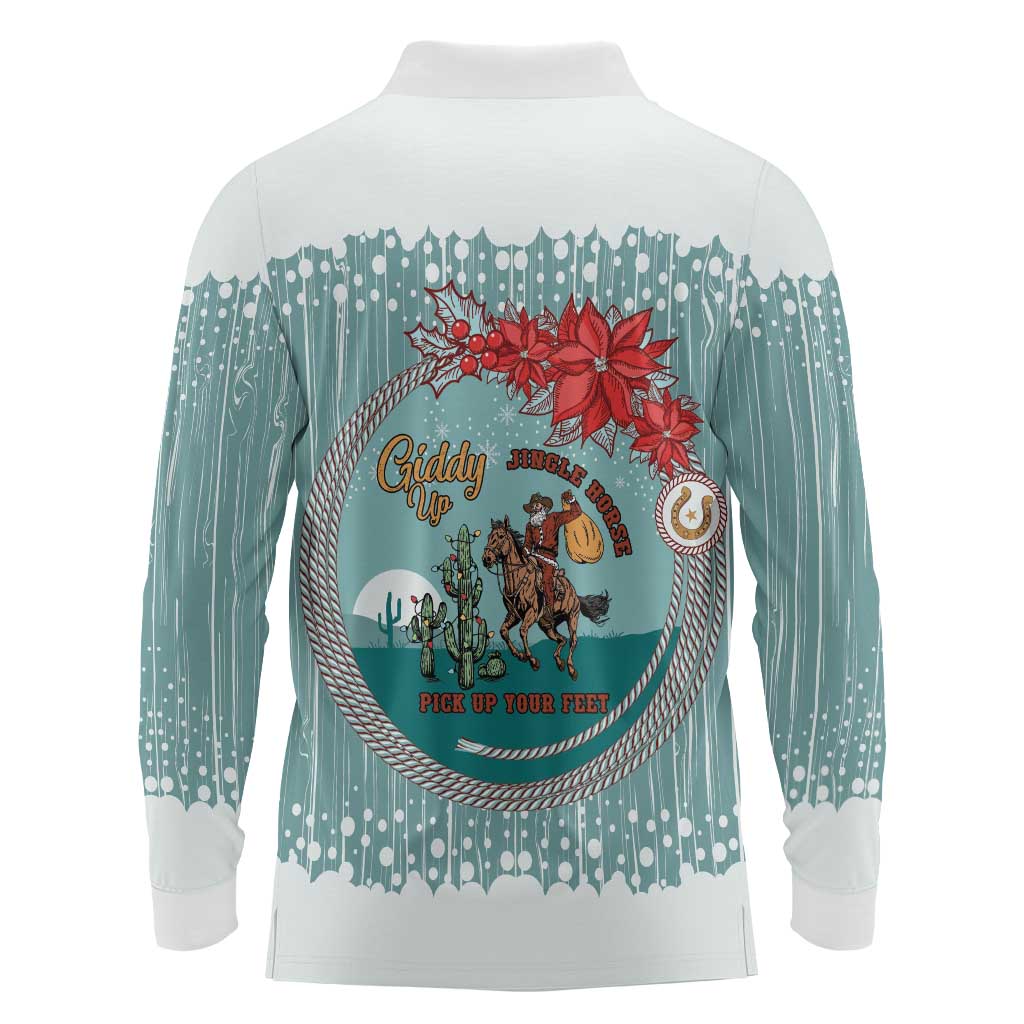 Cowboy Christmas Long Sleeve Polo Shirt Giddy Up Jingle Horse Green Version - Wonder Print Shop