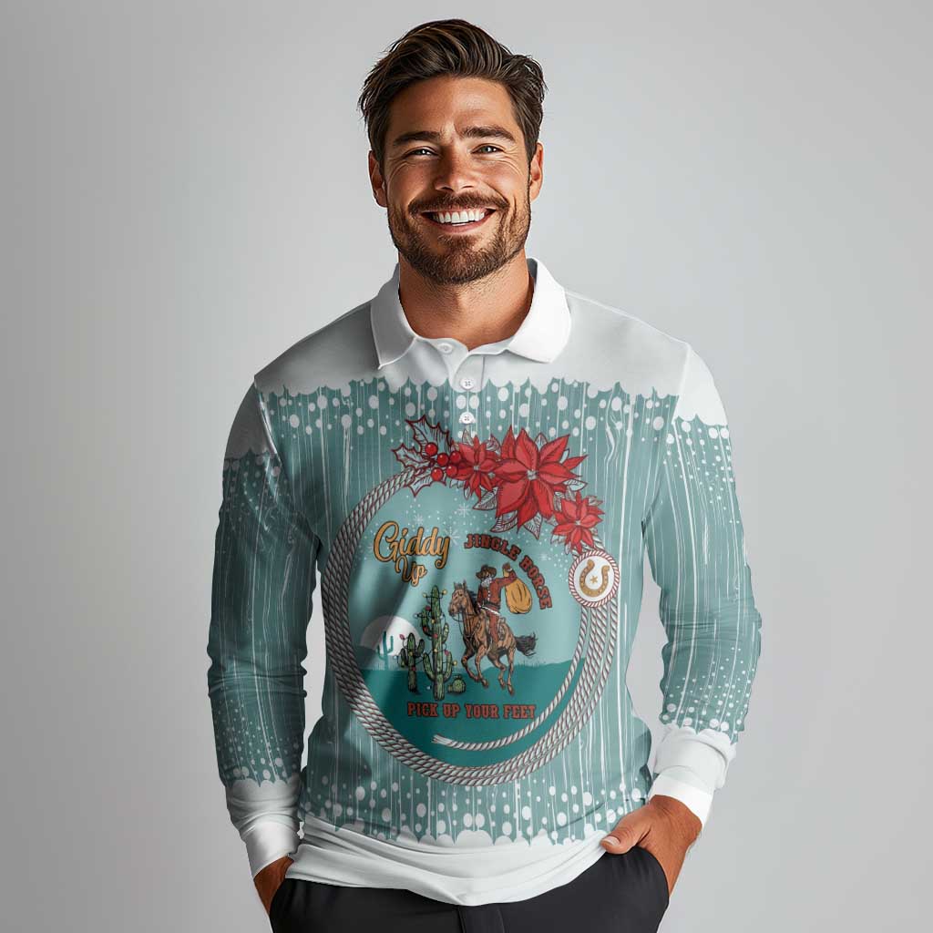 Cowboy Christmas Long Sleeve Polo Shirt Giddy Up Jingle Horse Green Version - Wonder Print Shop
