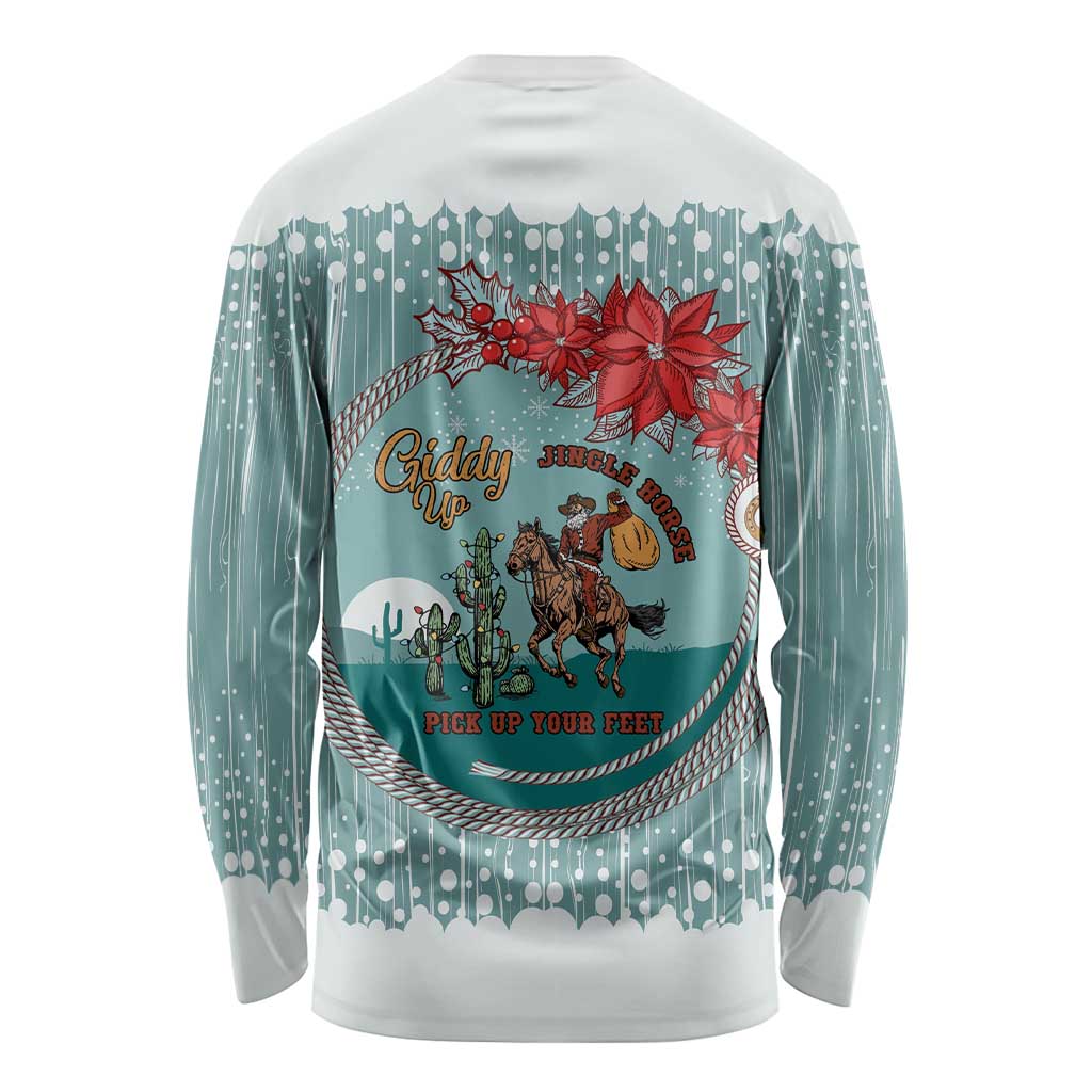 Cowboy Christmas Long Sleeve Shirt Giddy Up Jingle Horse Green Version - Wonder Print Shop