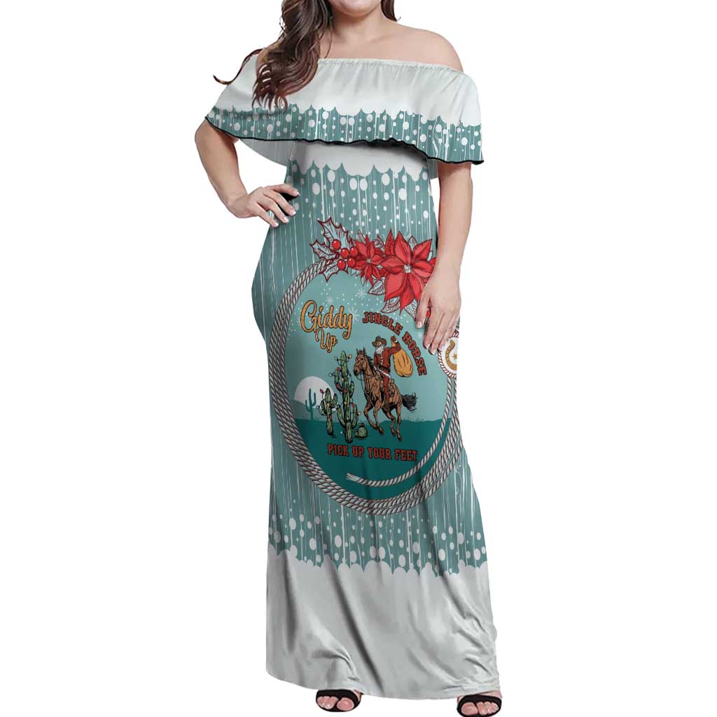 Cowboy Christmas Off Shoulder Maxi Dress Giddy Up Jingle Horse Green Version - Wonder Print Shop