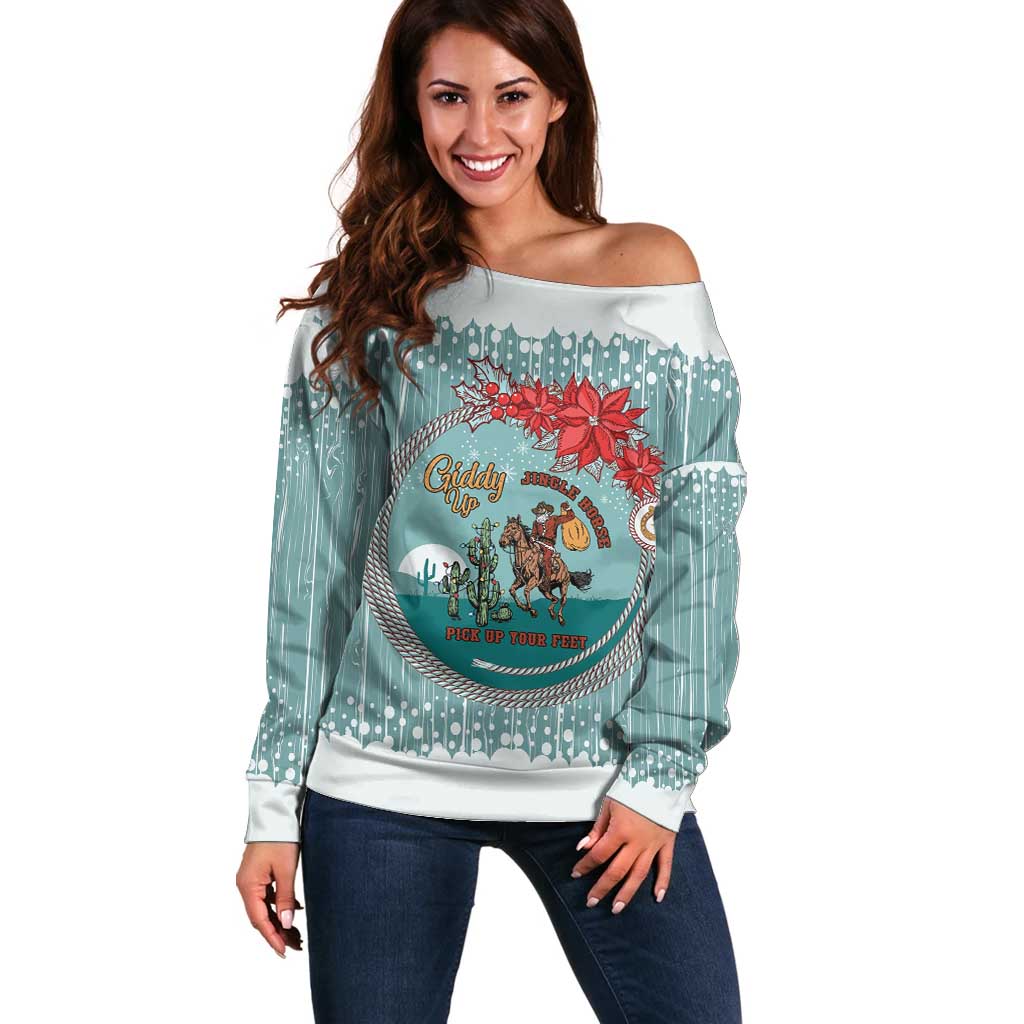 Cowboy Christmas Off Shoulder Sweater Giddy Up Jingle Horse Green Version - Wonder Print Shop