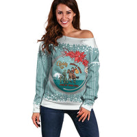 Cowboy Christmas Off Shoulder Sweater Giddy Up Jingle Horse Green Version - Wonder Print Shop