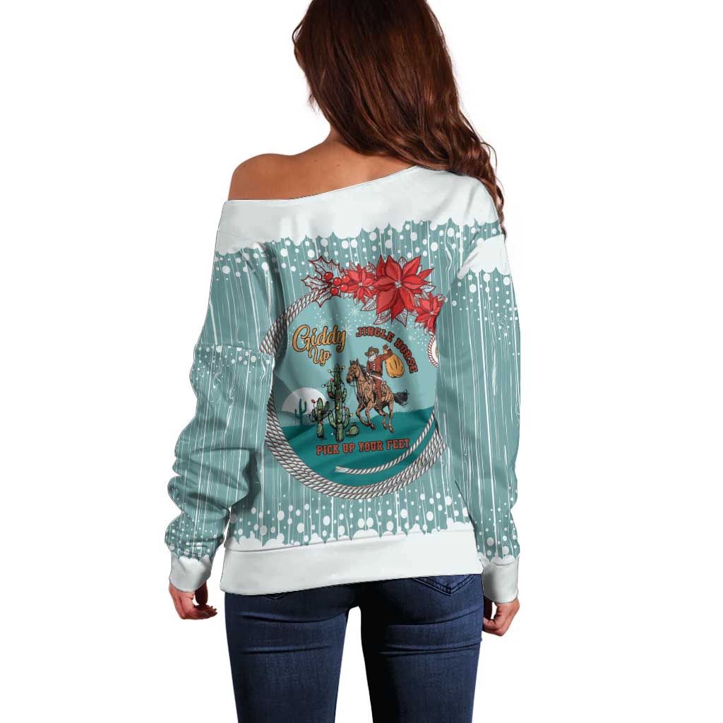 Cowboy Christmas Off Shoulder Sweater Giddy Up Jingle Horse Green Version - Wonder Print Shop