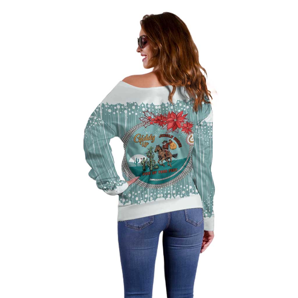 Cowboy Christmas Off Shoulder Sweater Giddy Up Jingle Horse Green Version - Wonder Print Shop