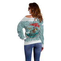 Cowboy Christmas Off Shoulder Sweater Giddy Up Jingle Horse Green Version - Wonder Print Shop