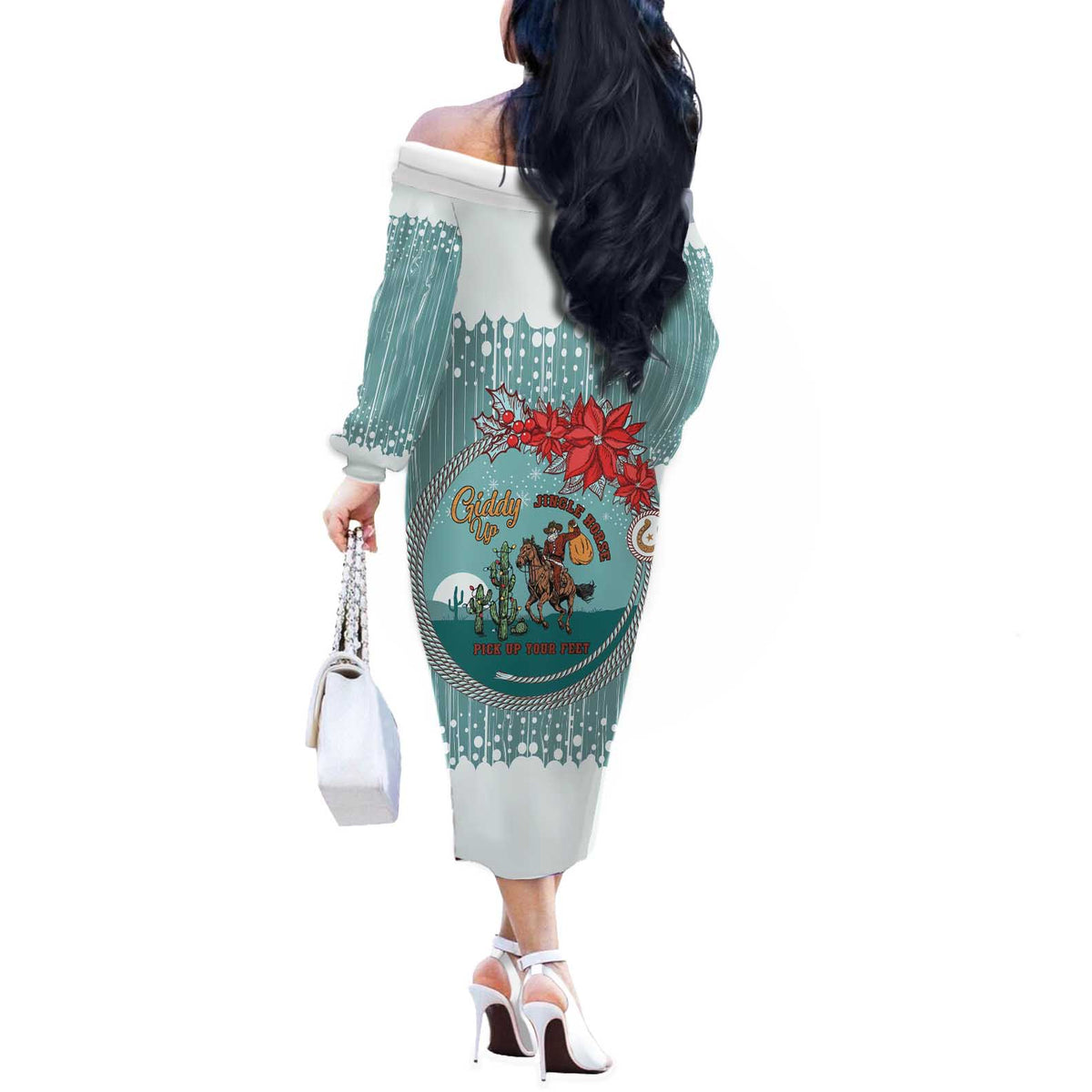 Cowboy Christmas Off The Shoulder Long Sleeve Dress Giddy Up Jingle Horse Green Version - Wonder Print Shop