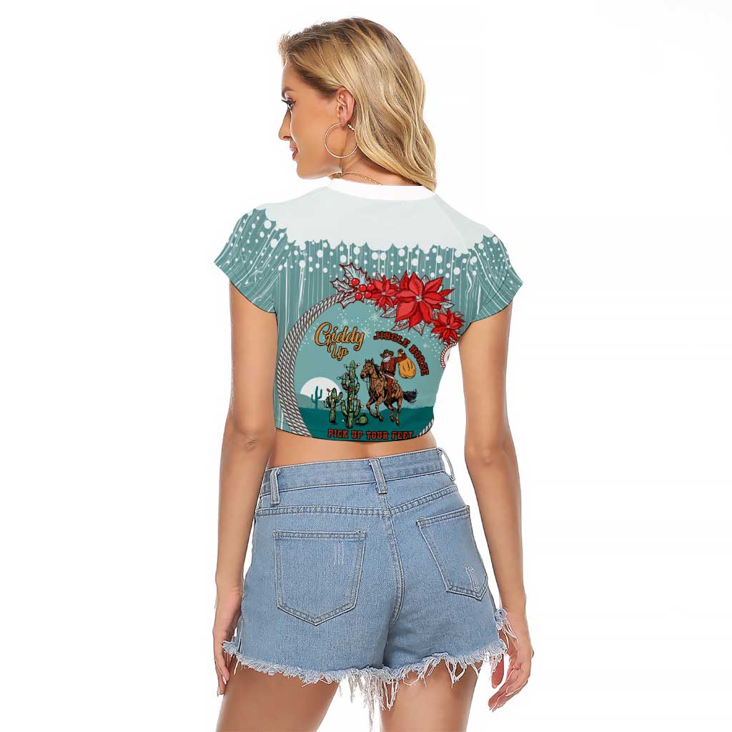 Cowboy Christmas Raglan Cropped T Shirt Giddy Up Jingle Horse Green Version - Wonder Print Shop