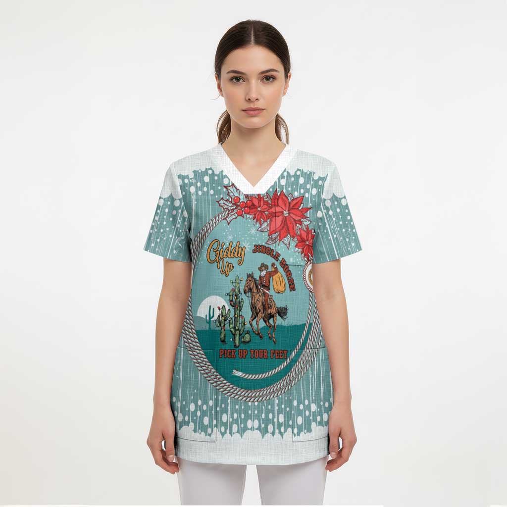 Cowboy Christmas Scrub Top Giddy Up Jingle Horse Green Version - Wonder Print Shop