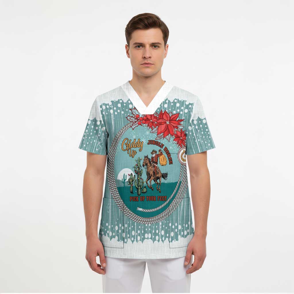 Cowboy Christmas Scrub Top Giddy Up Jingle Horse Green Version - Wonder Print Shop