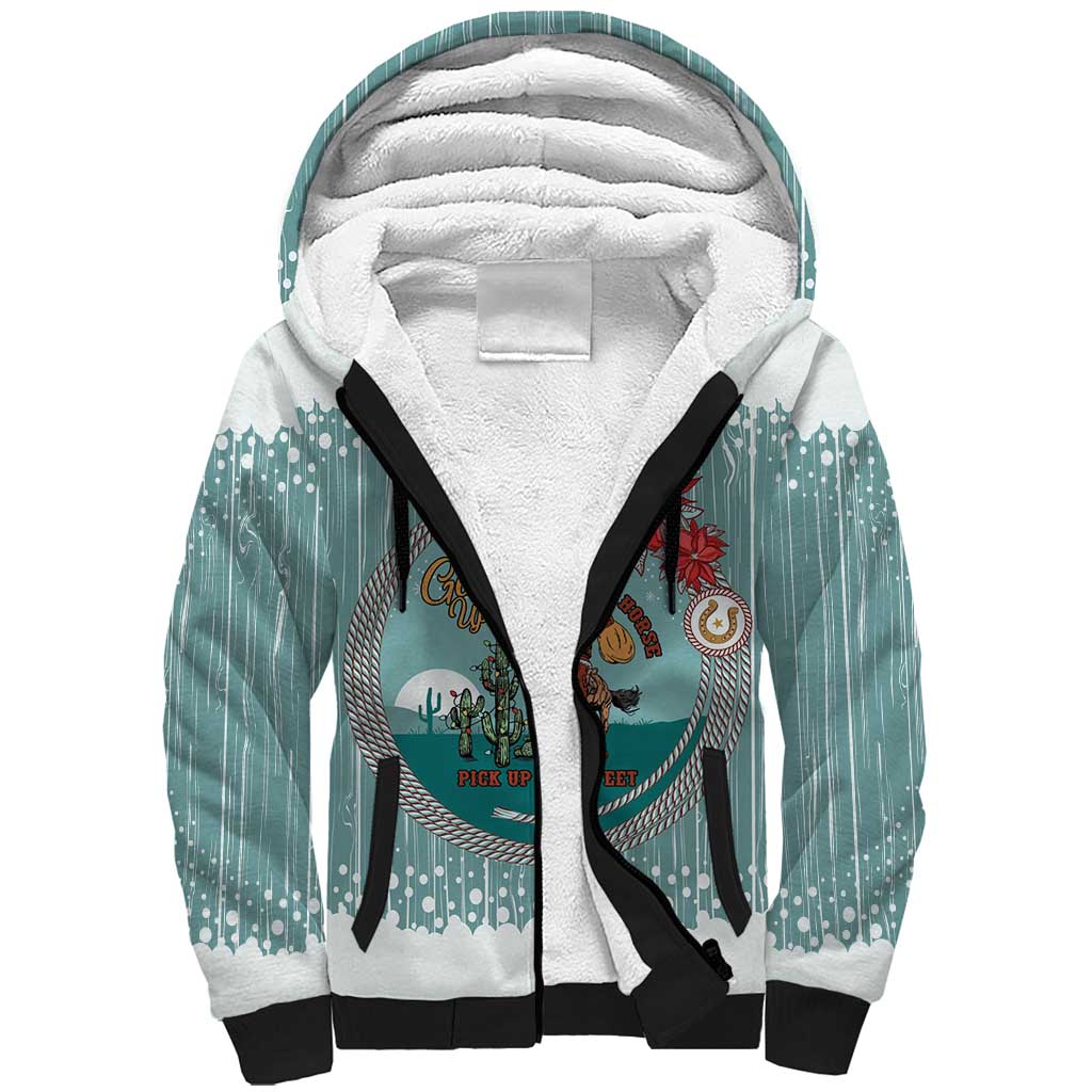 Cowboy Christmas Sherpa Hoodie Giddy Up Jingle Horse Green Version - Wonder Print Shop