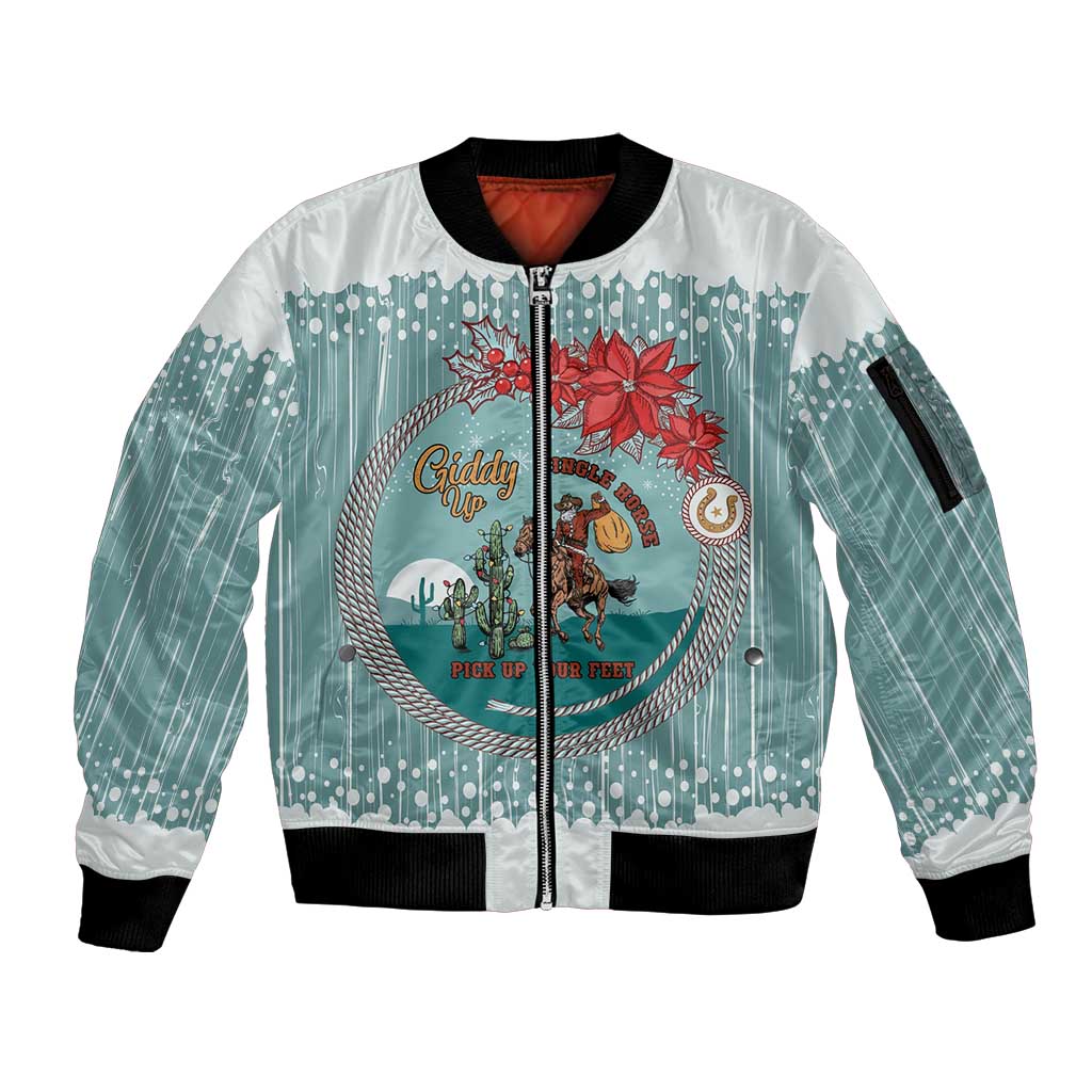 Cowboy Christmas Sleeve Zip Bomber Jacket Giddy Up Jingle Horse Green Version - Wonder Print Shop