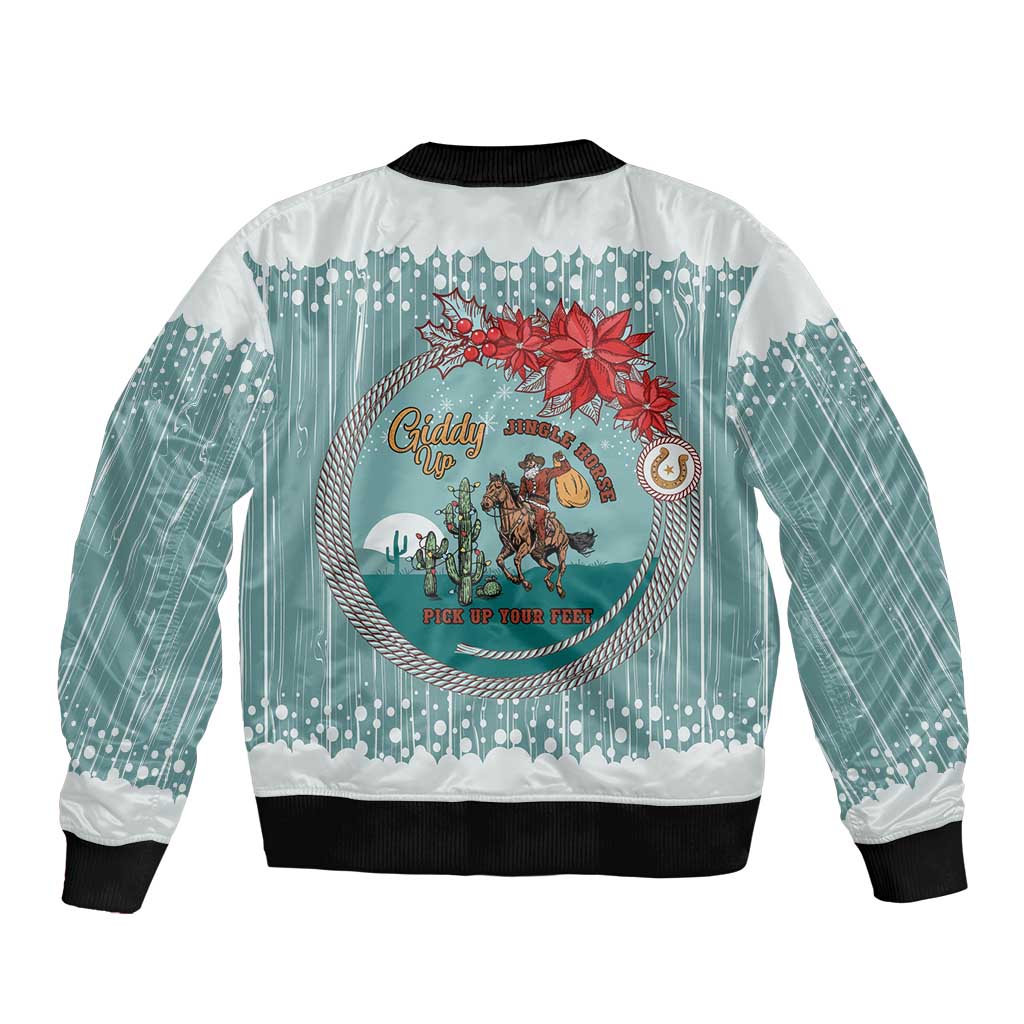 Cowboy Christmas Sleeve Zip Bomber Jacket Giddy Up Jingle Horse Green Version - Wonder Print Shop
