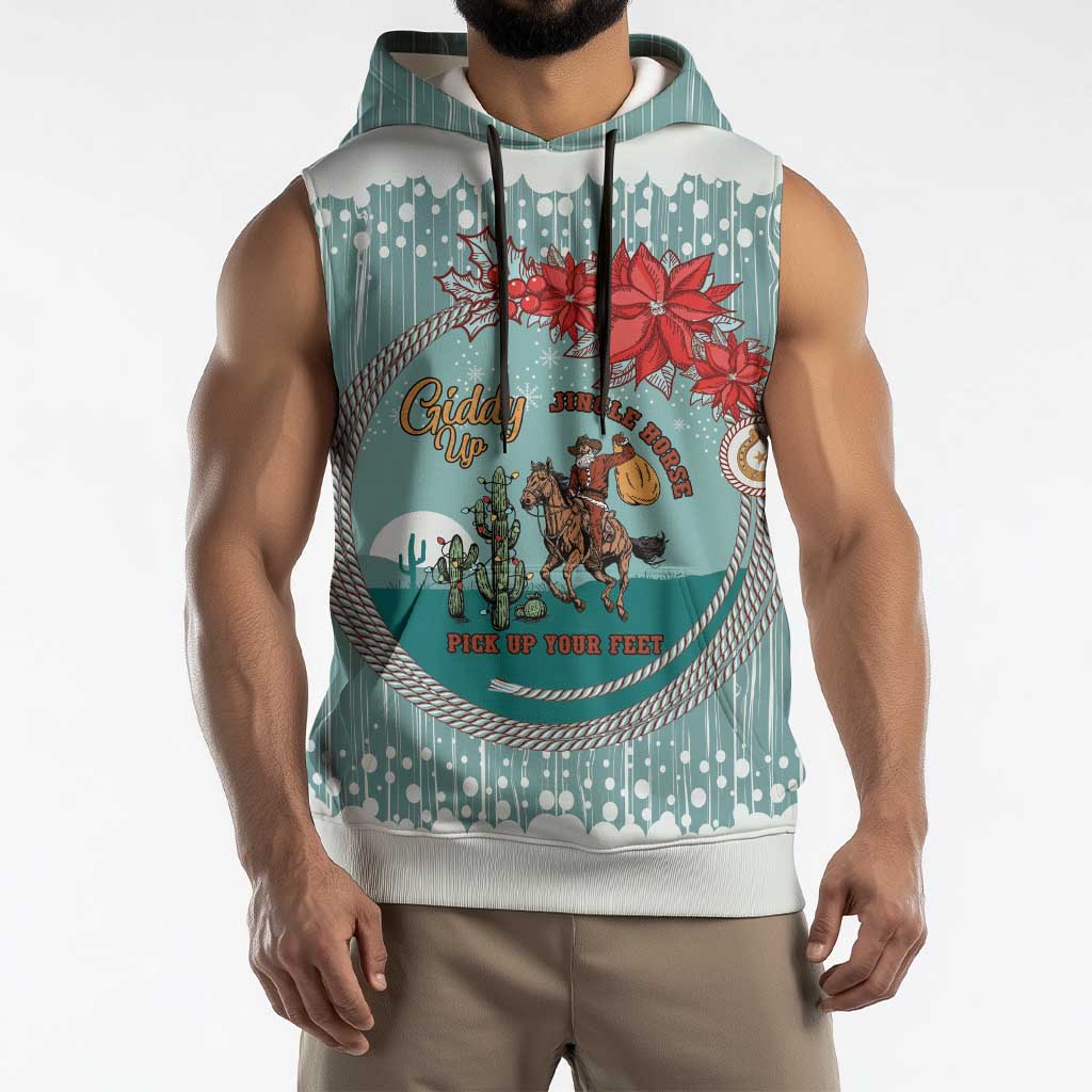 Cowboy Christmas Sleeveless Hoodie Giddy Up Jingle Horse Green Version - Wonder Print Shop