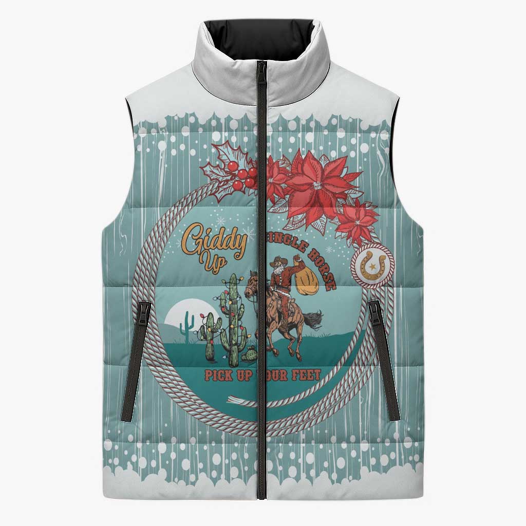 Cowboy Christmas Sleeveless Puffer Jacket Giddy Up Jingle Horse Green Version - Wonder Print Shop
