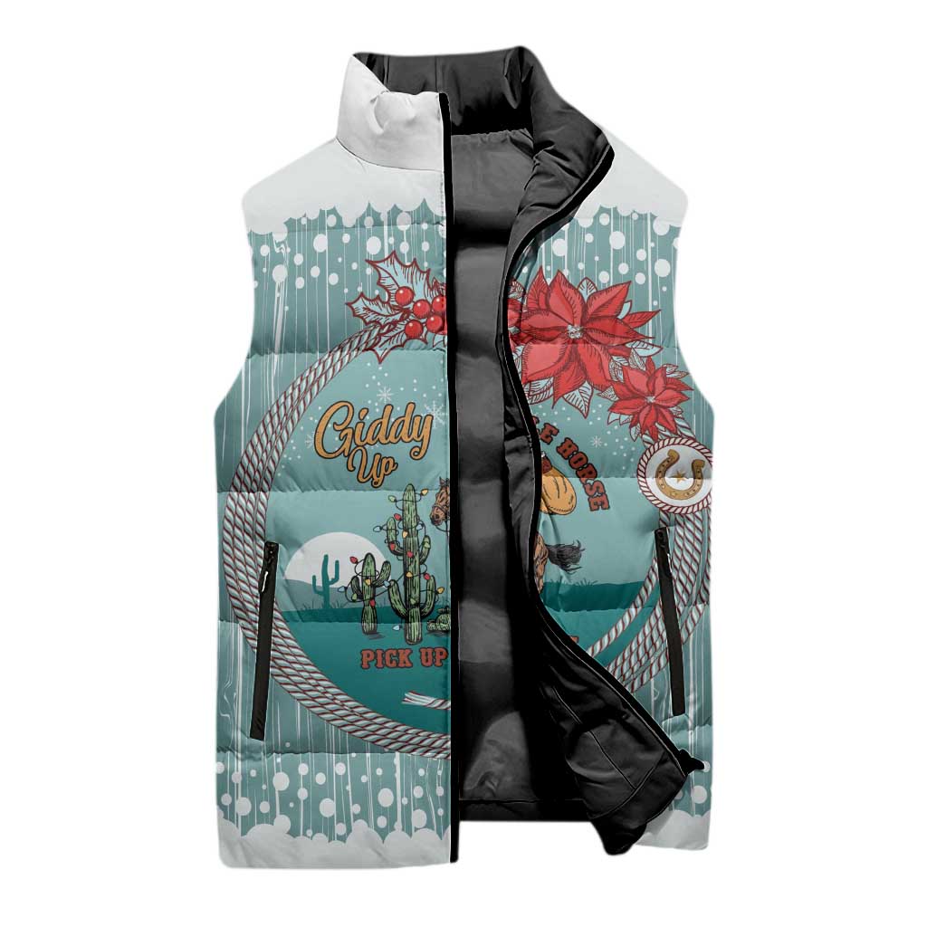 Cowboy Christmas Sleeveless Puffer Jacket Giddy Up Jingle Horse Green Version - Wonder Print Shop