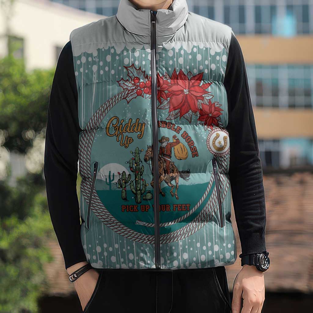 Cowboy Christmas Sleeveless Puffer Jacket Giddy Up Jingle Horse Green Version - Wonder Print Shop