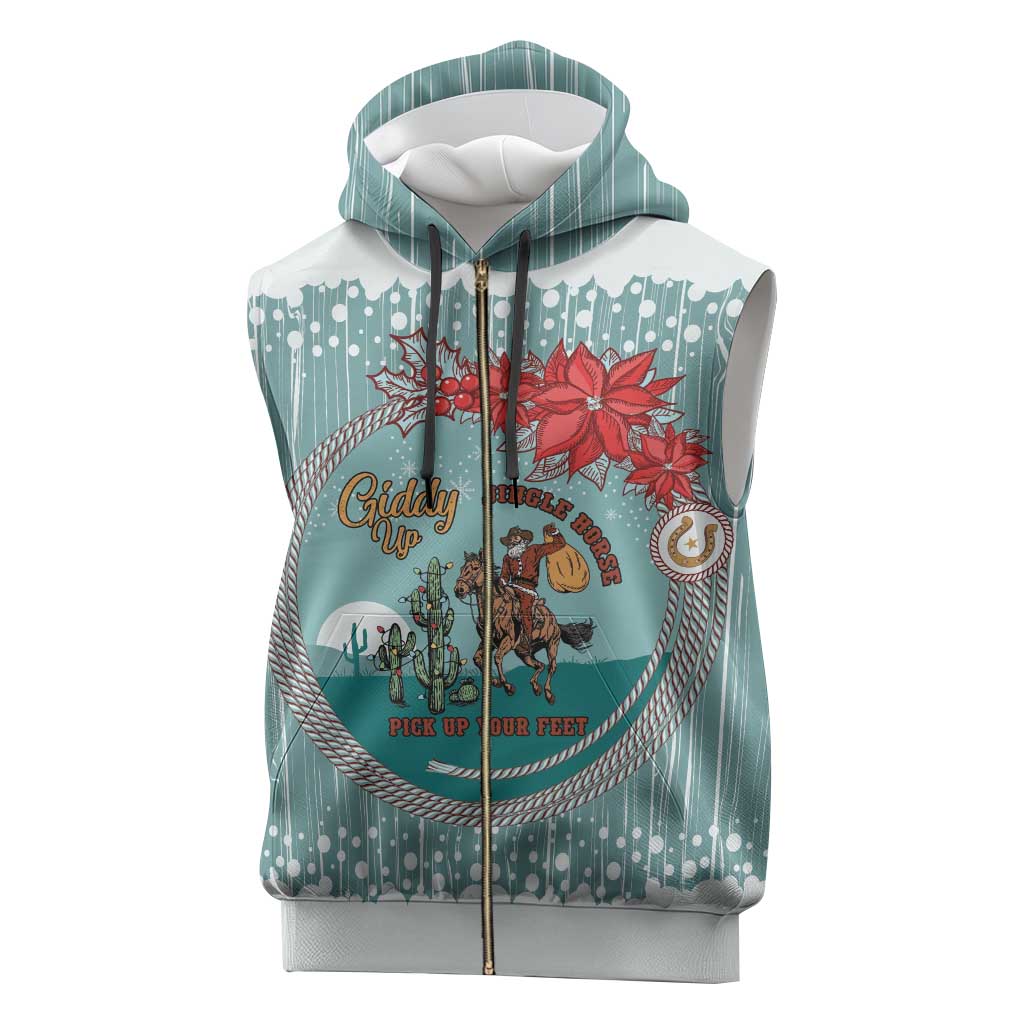 Cowboy Christmas Sleeveless Zip Hoodie Giddy Up Jingle Horse Green Version - Wonder Print Shop
