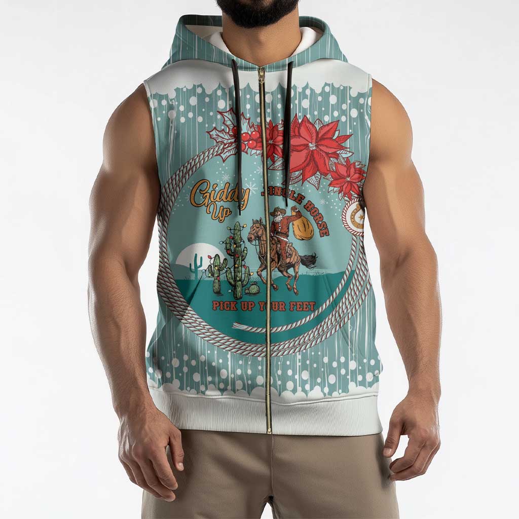 Cowboy Christmas Sleeveless Zip Hoodie Giddy Up Jingle Horse Green Version - Wonder Print Shop
