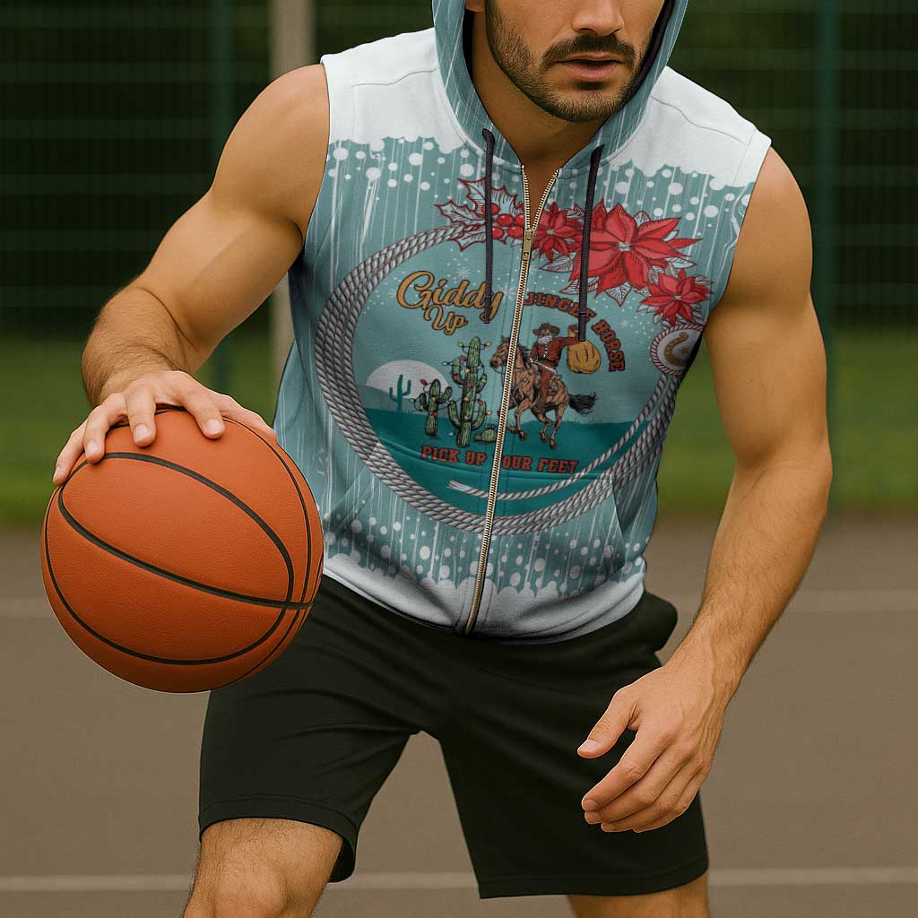 Cowboy Christmas Sleeveless Zip Hoodie Giddy Up Jingle Horse Green Version - Wonder Print Shop