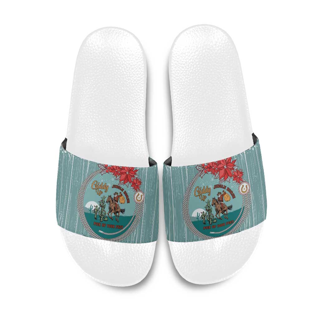 Cowboy Christmas Slide Sandals Giddy Up Jingle Horse Green Version - Wonder Print Shop
