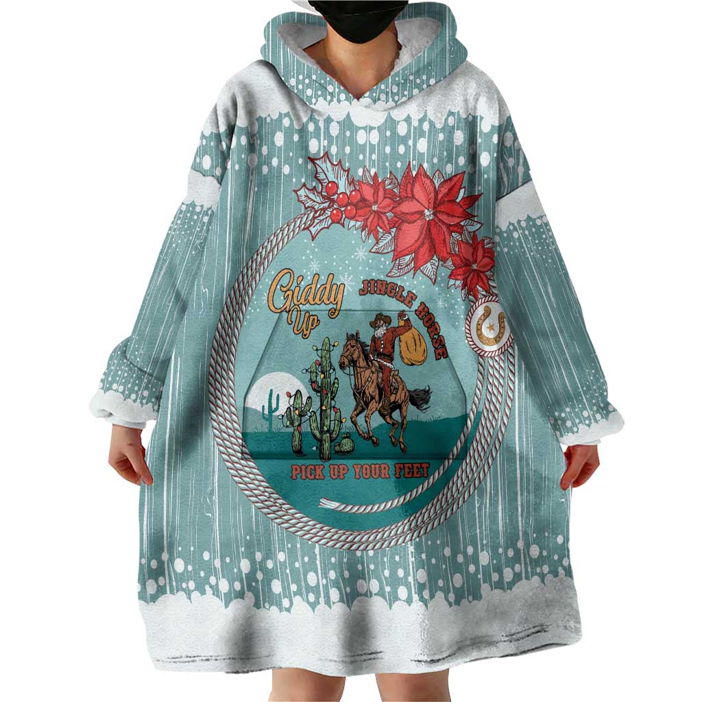 Cowboy Christmas Wearable Blanket Hoodie Giddy Up Jingle Horse Green Version - Wonder Print Shop