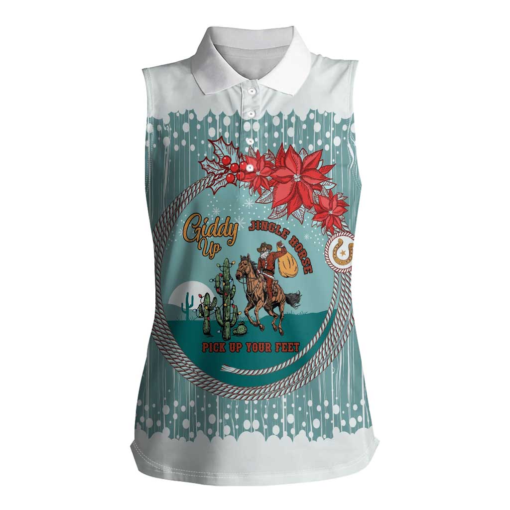 Cowboy Christmas Women Sleeveless Polo Shirt Giddy Up Jingle Horse Green Version - Wonder Print Shop