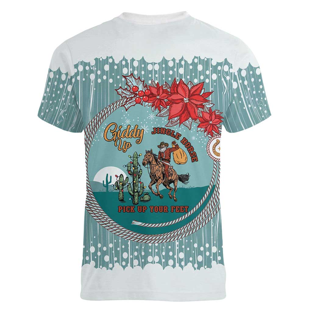 Cowboy Christmas Women V-Neck T-Shirt Giddy Up Jingle Horse Green Version - Wonder Print Shop
