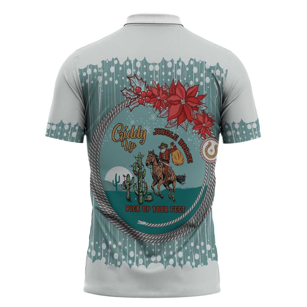 Cowboy Christmas Zipper Polo Shirt Giddy Up Jingle Horse Green Version - Wonder Print Shop