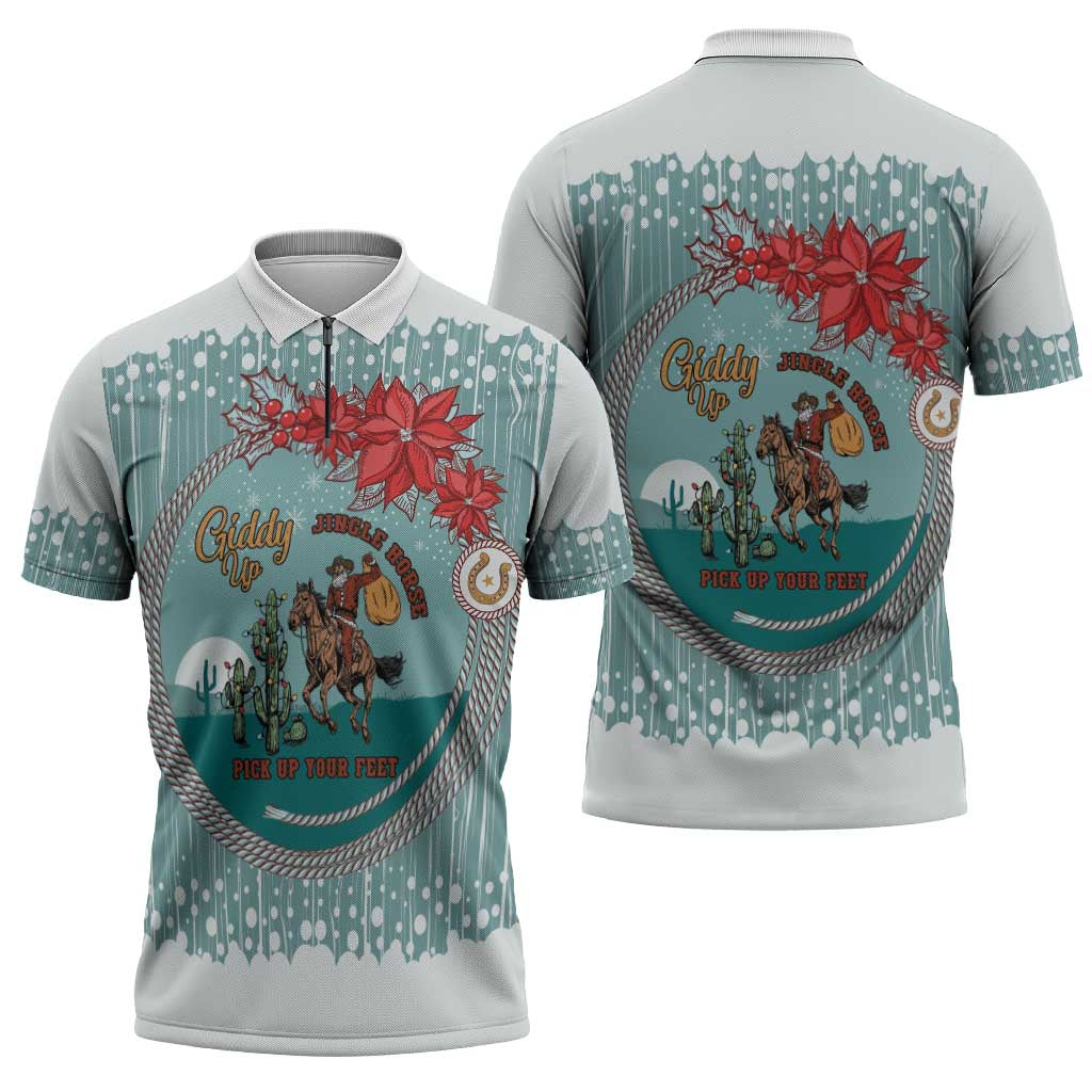 Cowboy Christmas Zipper Polo Shirt Giddy Up Jingle Horse Green Version - Wonder Print Shop