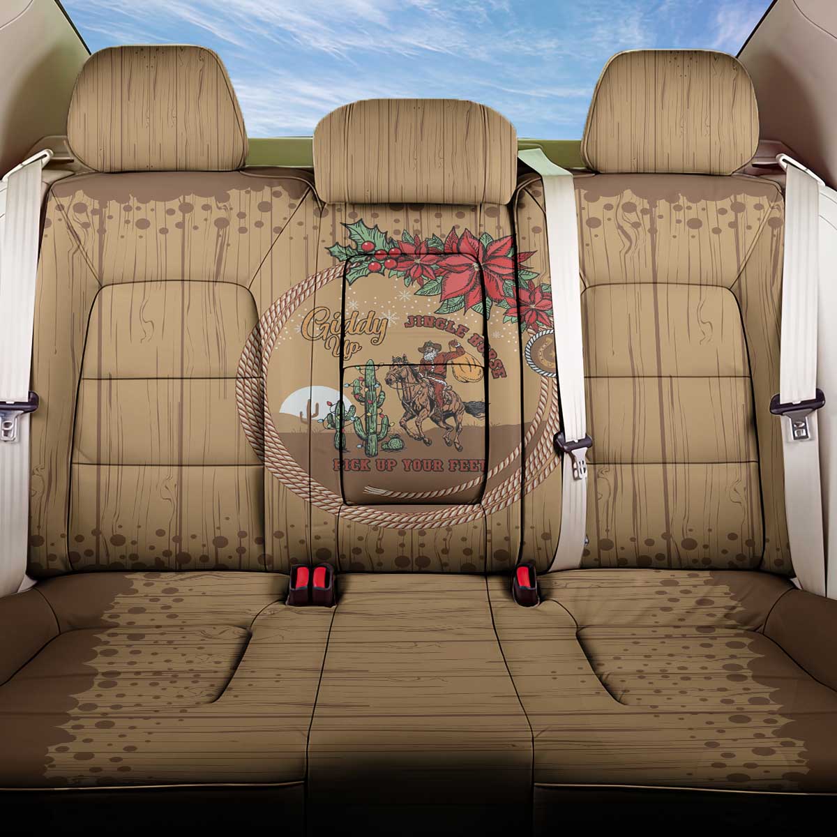 Cowboy Christmas Back Car Seat Cover Giddy Up Jingle Horse Brown Version - Wonder Print Shop