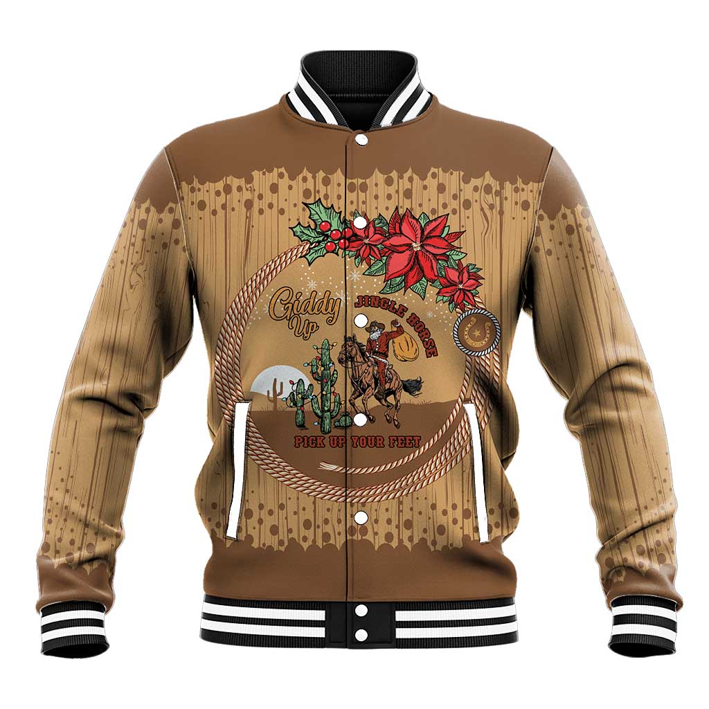 Cowboy Christmas Baseball Jacket Giddy Up Jingle Horse Brown Version - Wonder Print Shop