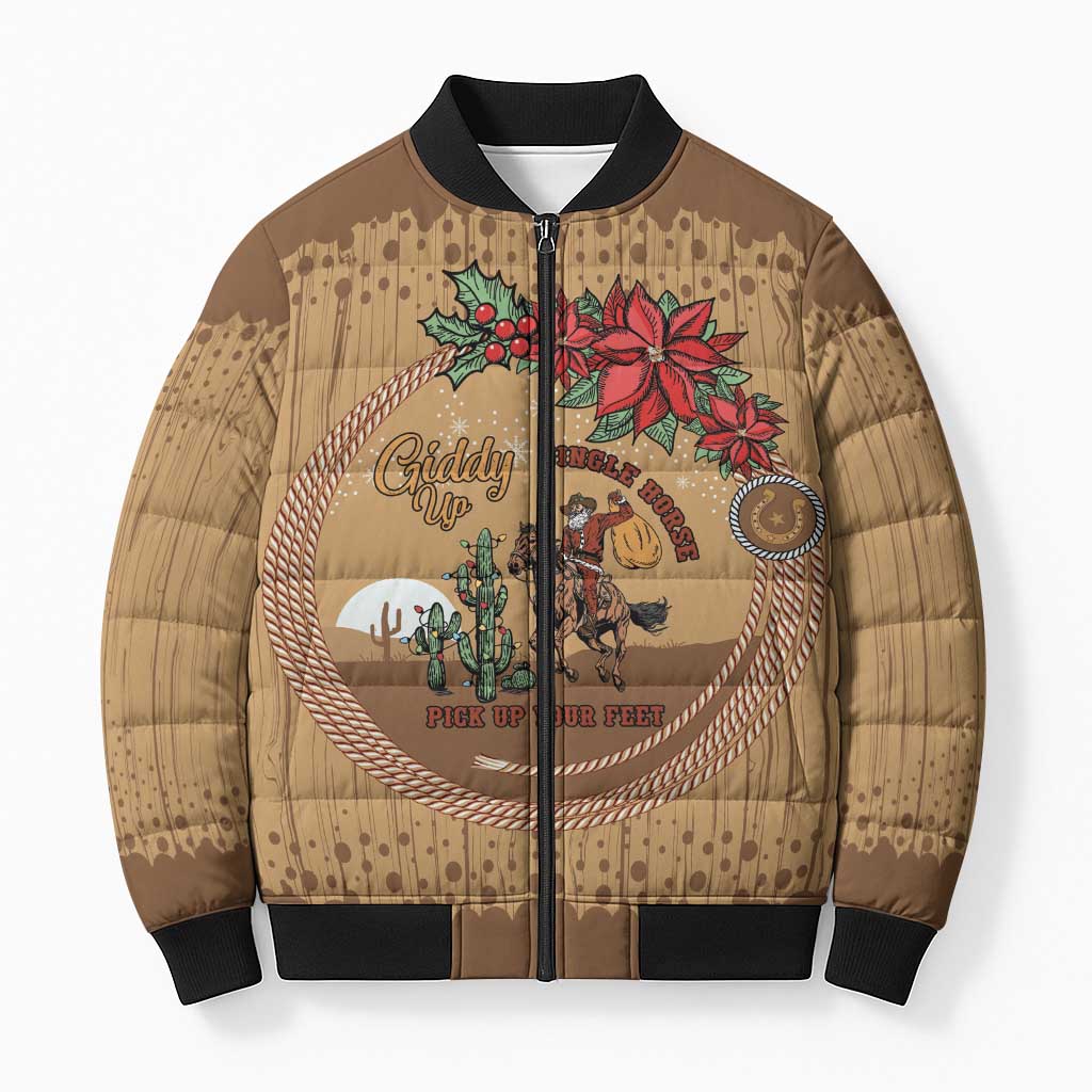 Cowboy Christmas Bomber Puffer Jacket Giddy Up Jingle Horse Brown Version - Wonder Print Shop