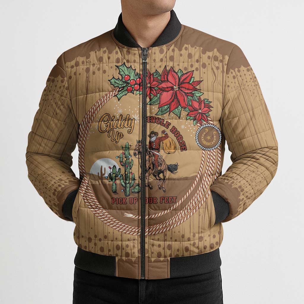 Cowboy Christmas Bomber Puffer Jacket Giddy Up Jingle Horse Brown Version - Wonder Print Shop
