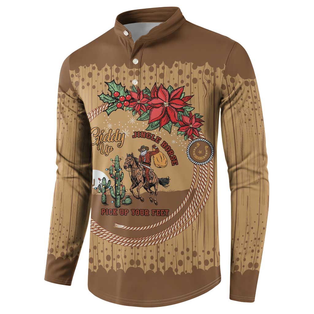 Cowboy Christmas Button Sweatshirt Giddy Up Jingle Horse Brown Version - Wonder Print Shop