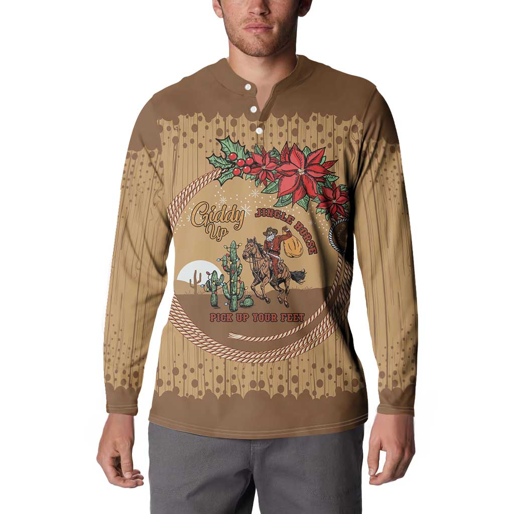 Cowboy Christmas Button Sweatshirt Giddy Up Jingle Horse Brown Version - Wonder Print Shop