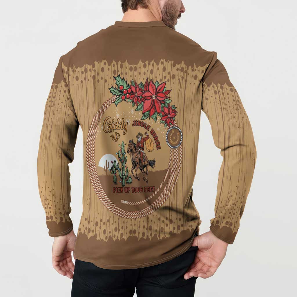 Cowboy Christmas Button Sweatshirt Giddy Up Jingle Horse Brown Version - Wonder Print Shop