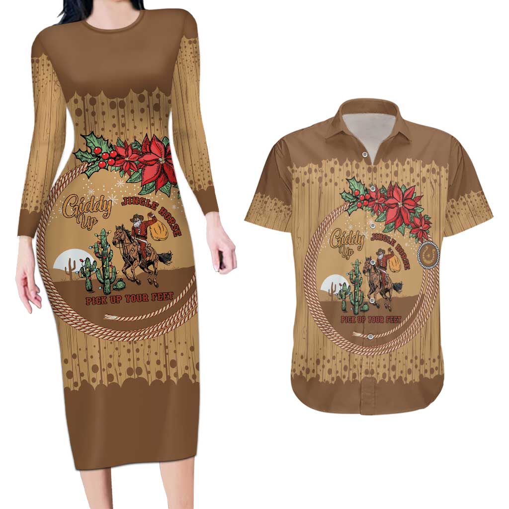 Cowboy Christmas Couples Matching Long Sleeve Bodycon Dress and Hawaiian Shirt Giddy Up Jingle Horse Brown Version - Wonder Print Shop