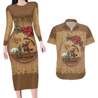 Cowboy Christmas Couples Matching Long Sleeve Bodycon Dress and Hawaiian Shirt Giddy Up Jingle Horse Brown Version - Wonder Print Shop