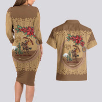 Cowboy Christmas Couples Matching Long Sleeve Bodycon Dress and Hawaiian Shirt Giddy Up Jingle Horse Brown Version - Wonder Print Shop