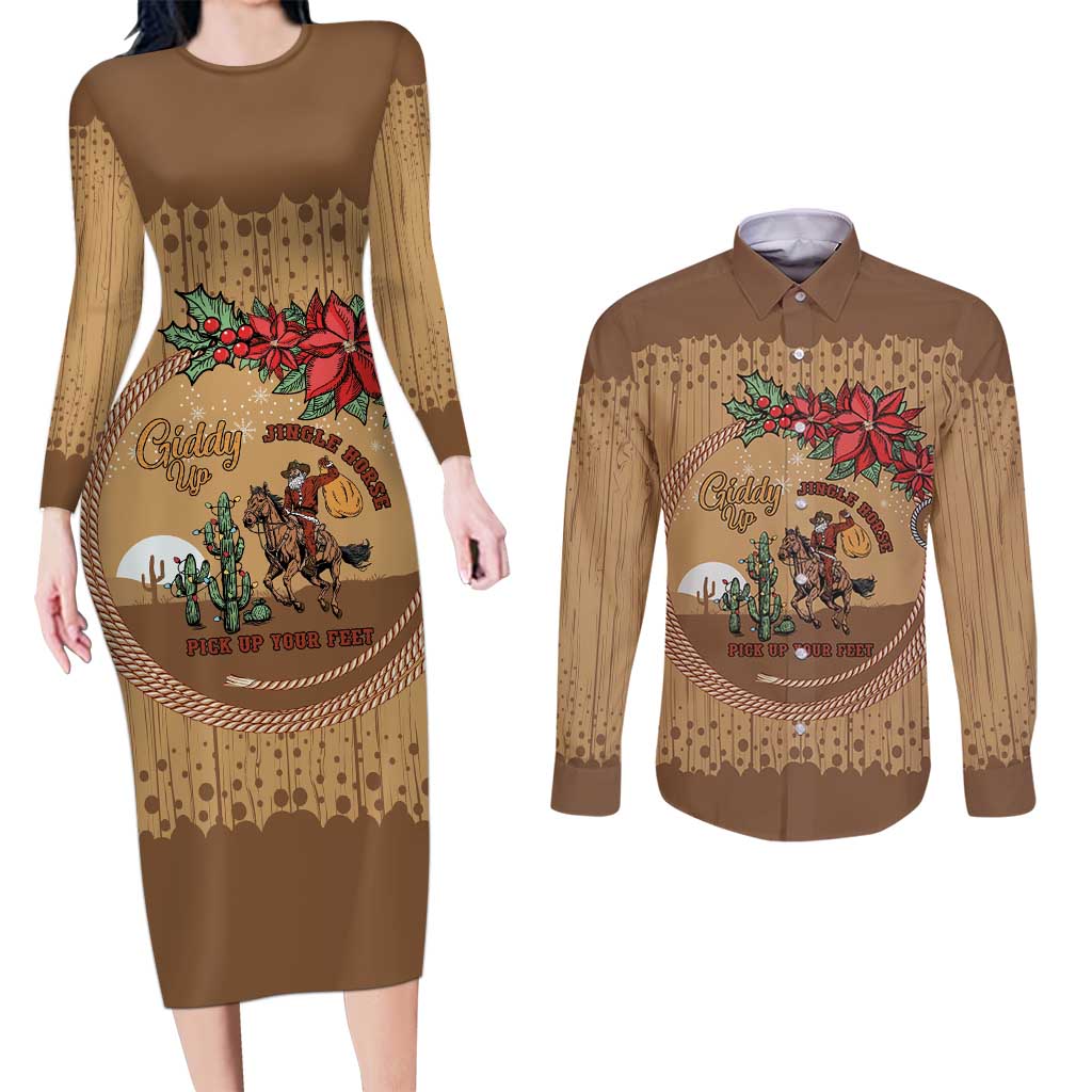 Cowboy Christmas Couples Matching Long Sleeve Bodycon Dress and Long Sleeve Button Shirt Giddy Up Jingle Horse Brown Version - Wonder Print Shop