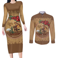 Cowboy Christmas Couples Matching Long Sleeve Bodycon Dress and Long Sleeve Button Shirt Giddy Up Jingle Horse Brown Version - Wonder Print Shop