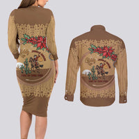 Cowboy Christmas Couples Matching Long Sleeve Bodycon Dress and Long Sleeve Button Shirt Giddy Up Jingle Horse Brown Version - Wonder Print Shop