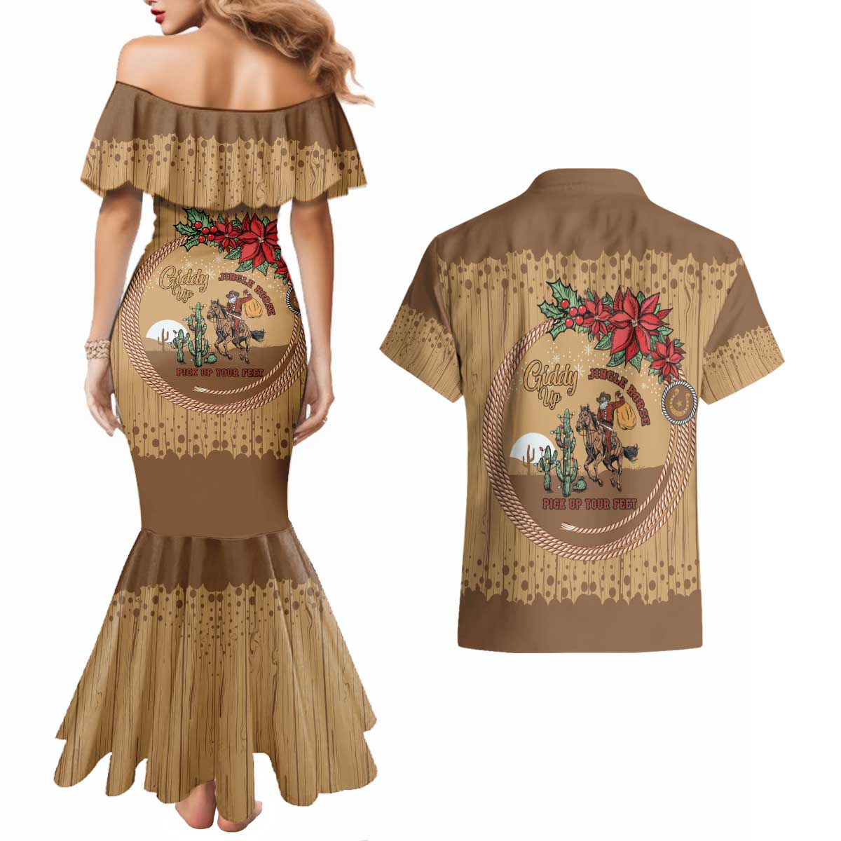 Cowboy Christmas Couples Matching Mermaid Dress and Hawaiian Shirt Giddy Up Jingle Horse Brown Version - Wonder Print Shop