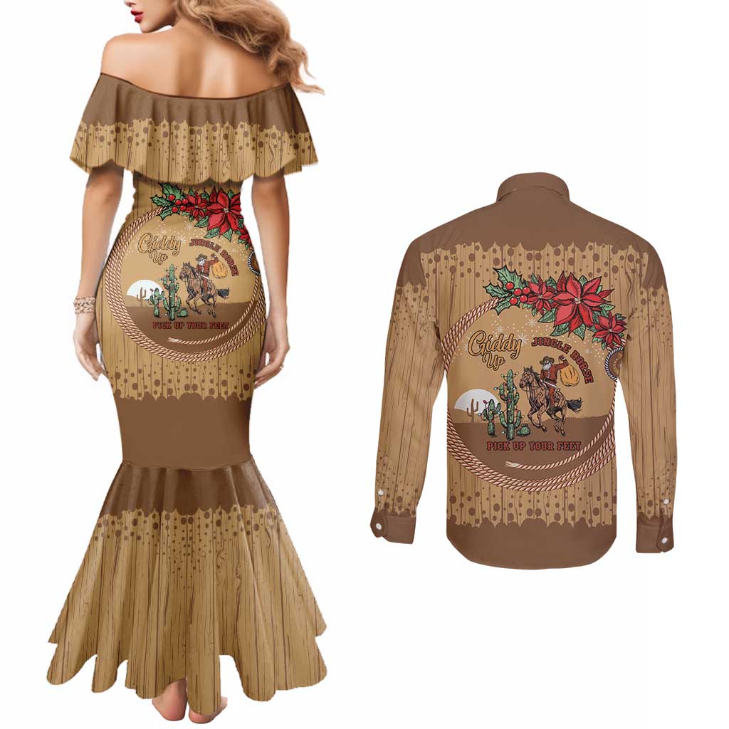 Cowboy Christmas Couples Matching Mermaid Dress and Long Sleeve Button Shirt Giddy Up Jingle Horse Brown Version - Wonder Print Shop