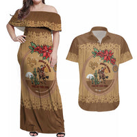 Cowboy Christmas Couples Matching Off Shoulder Maxi Dress and Hawaiian Shirt Giddy Up Jingle Horse Brown Version - Wonder Print Shop