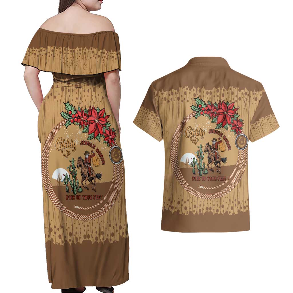 Cowboy Christmas Couples Matching Off Shoulder Maxi Dress and Hawaiian Shirt Giddy Up Jingle Horse Brown Version - Wonder Print Shop
