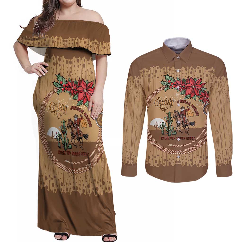 Cowboy Christmas Couples Matching Off Shoulder Maxi Dress and Long Sleeve Button Shirt Giddy Up Jingle Horse Brown Version - Wonder Print Shop